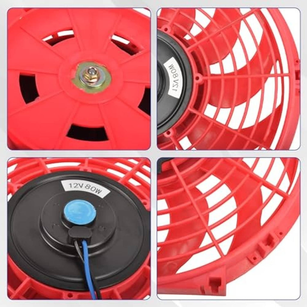 Red cooling fan grille with black motor cap and blue center button detail