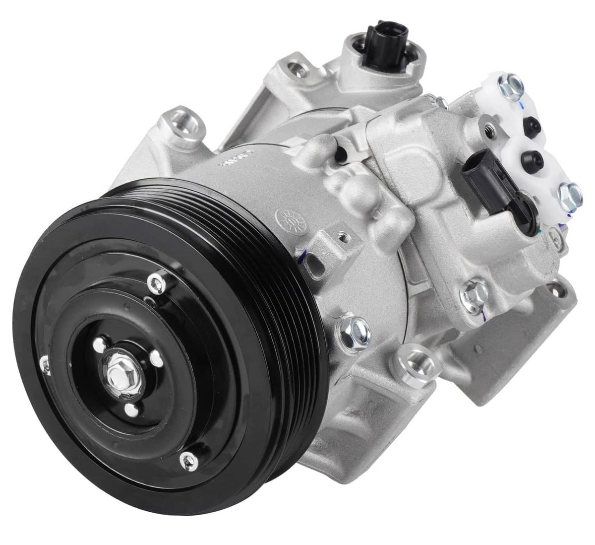 A/C air compressor with black pulley wheel and multiple electrical ports, angled view