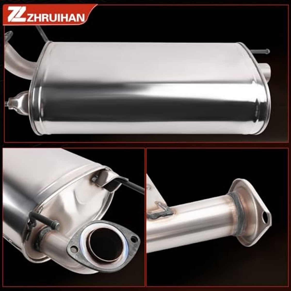 Stainless steel exhaust muffler with side flange outlet and mounting bracket detail