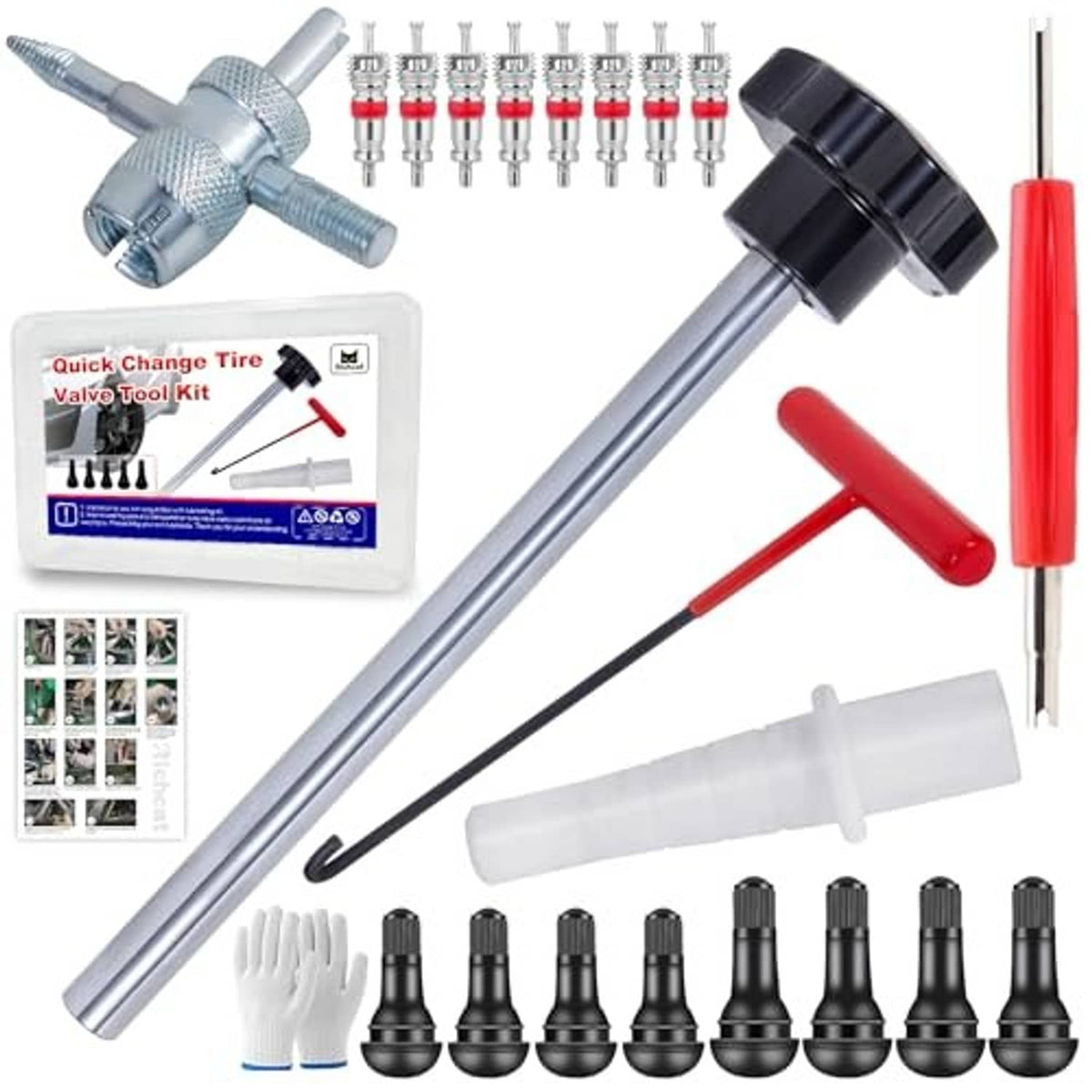 Tire valve stem core tool kit with metal insertion rod, red T-handle, and valve caps