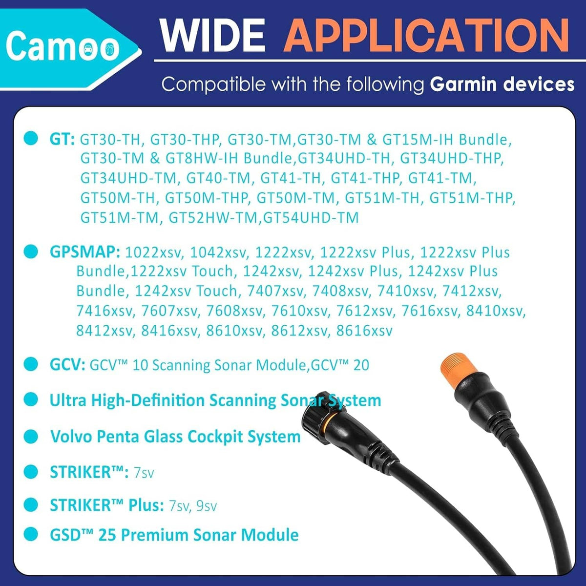 Black transducer extension cable with orange connector ends, compatible sonar accessory