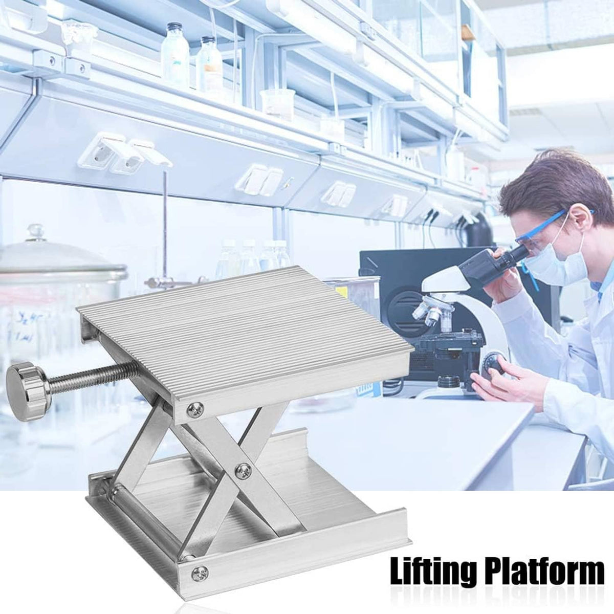 Laboratory lifting platform jack with scissor frame, ribbed platform, and hand wheel