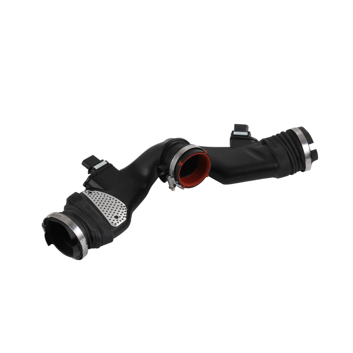 Air mass sensor with intake duct, black ribbed hose and electrical connectors, red inlet