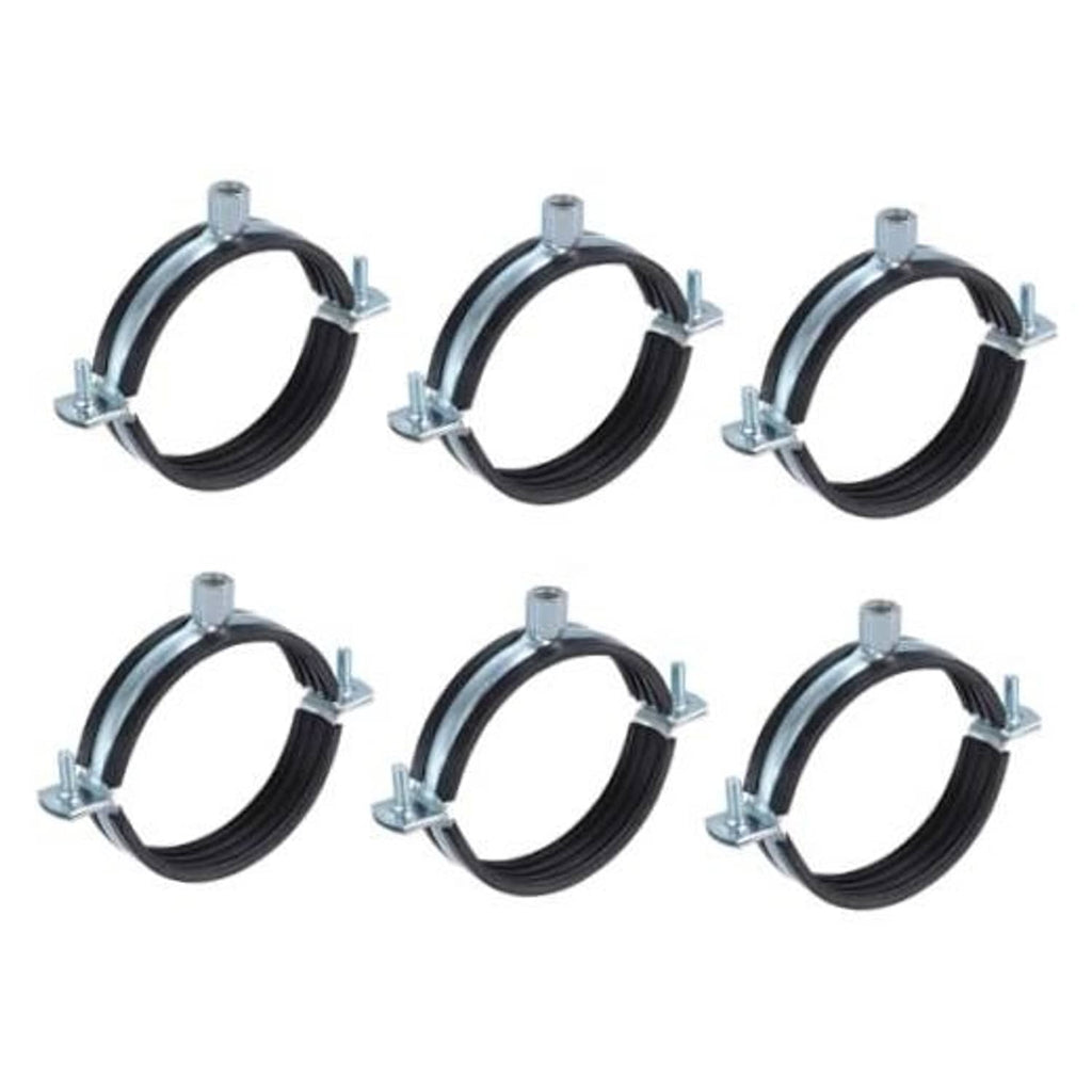 Set of six adjustable split-ring pipe hangers with black rubber and silver clamps