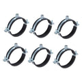 Set of six adjustable split-ring pipe hangers with black rubber and silver clamps