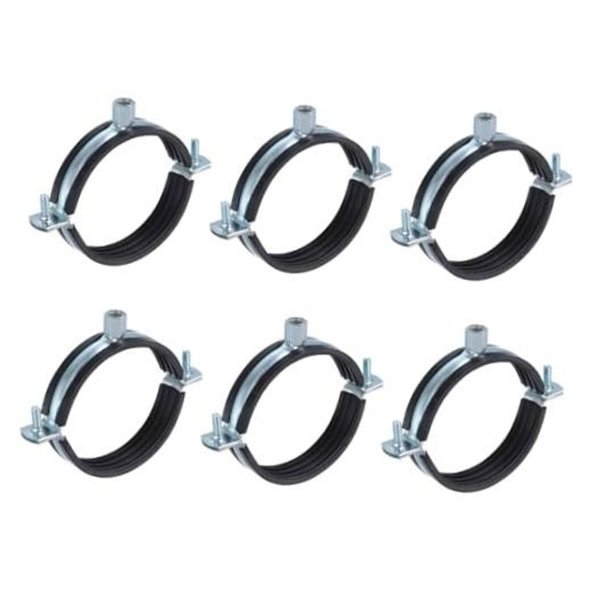 Set of six adjustable split-ring pipe hangers with black rubber and silver clamps
