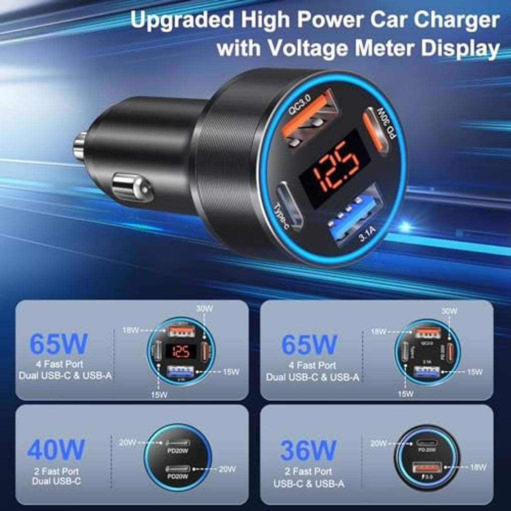 High-power car charger with blue-ring LED voltage meter and four charging ports