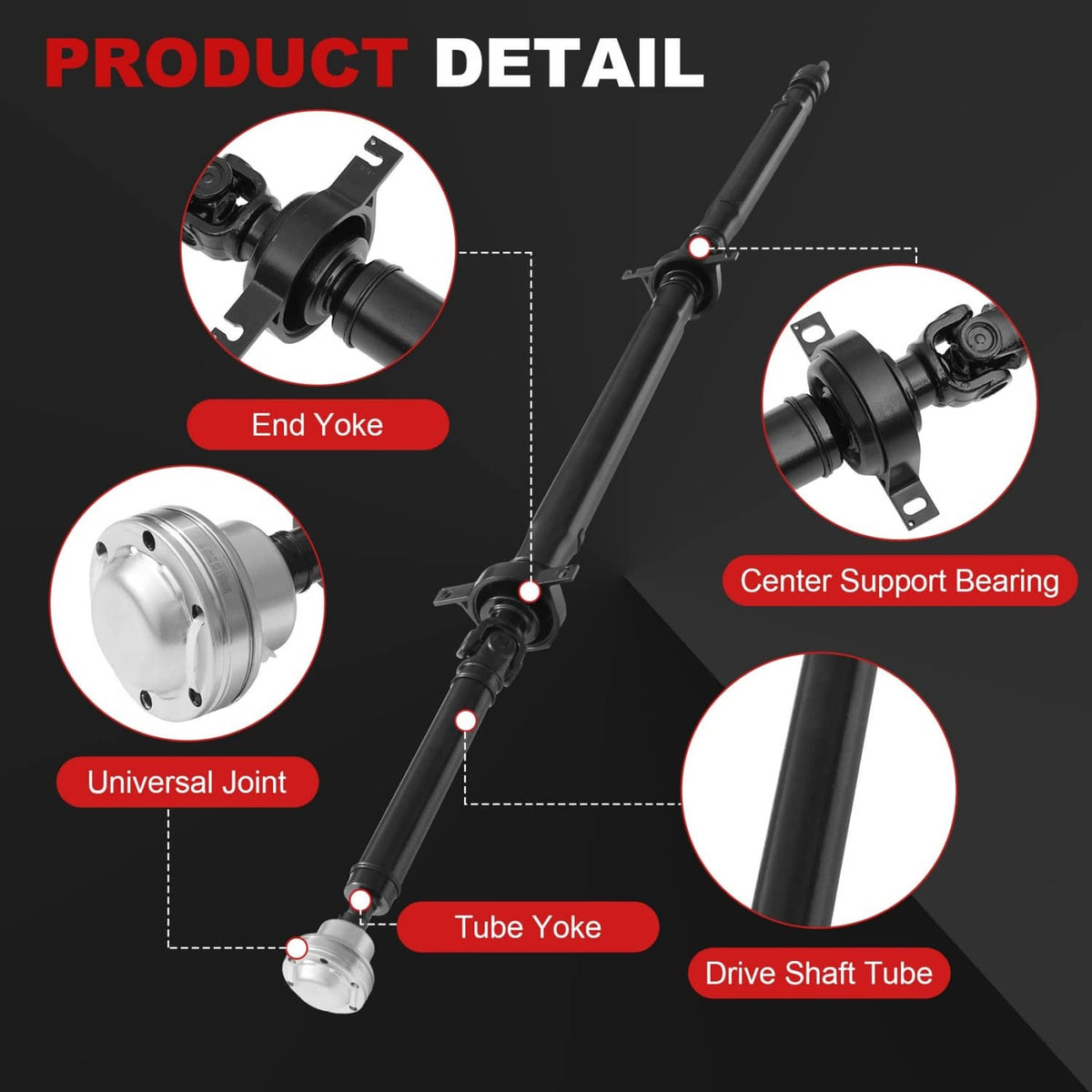 Rear driveshaft assembly with end yokes and center support bearing, black tube