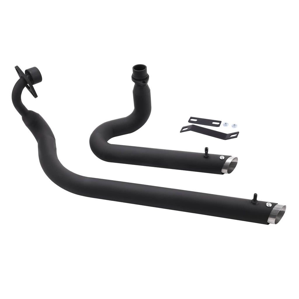Black dual-outlet motorcycle exhaust pipes set with mounting brackets and hardware.