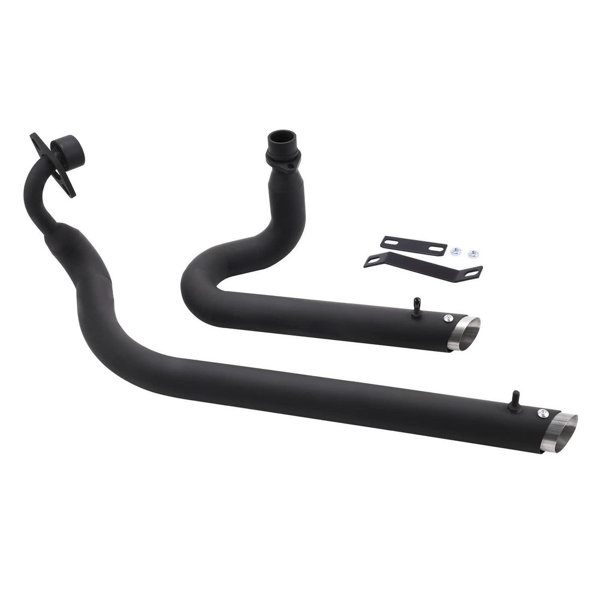 Black dual-outlet motorcycle exhaust pipes set with mounting brackets and hardware.