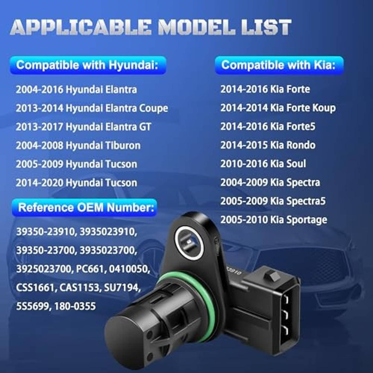 Engine camshaft position sensor with cylindrical probe, black housing, and 3-pin connector