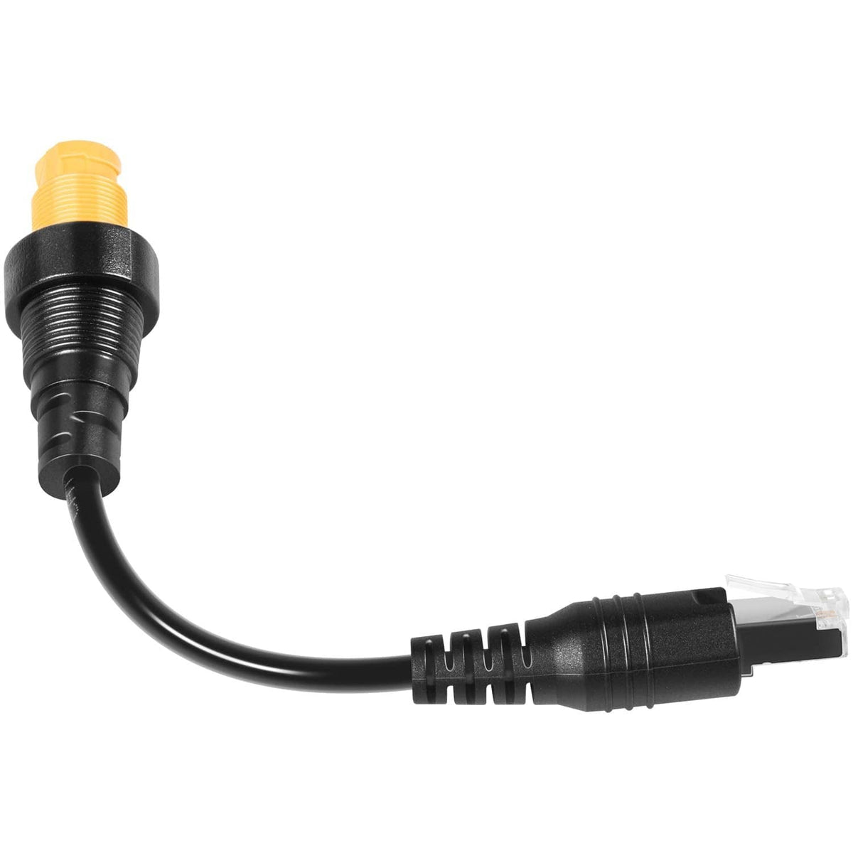 RJ45 to 5-pin Ethernet adapter cable end view with yellow 5-pin and RJ45 connectors