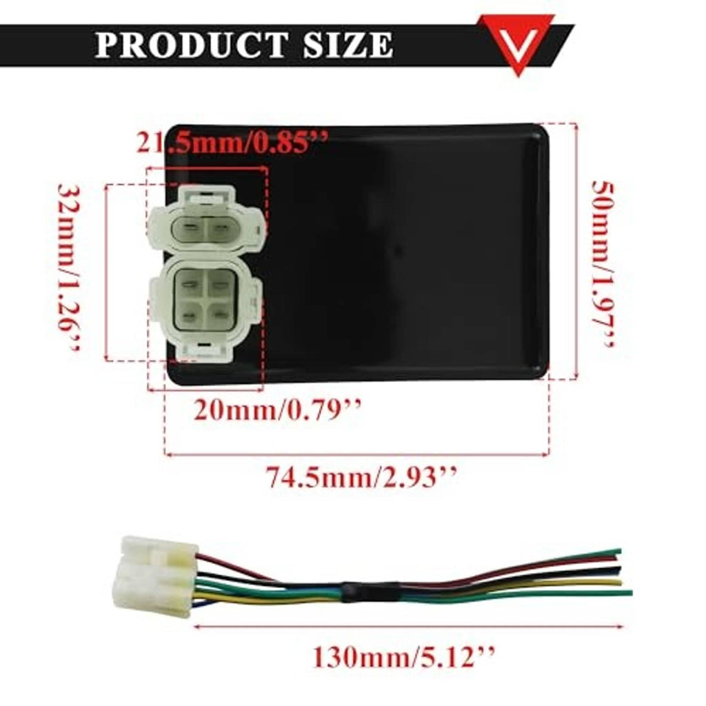 CDI module dimensions diagram with black box, white connector, and wire lead length