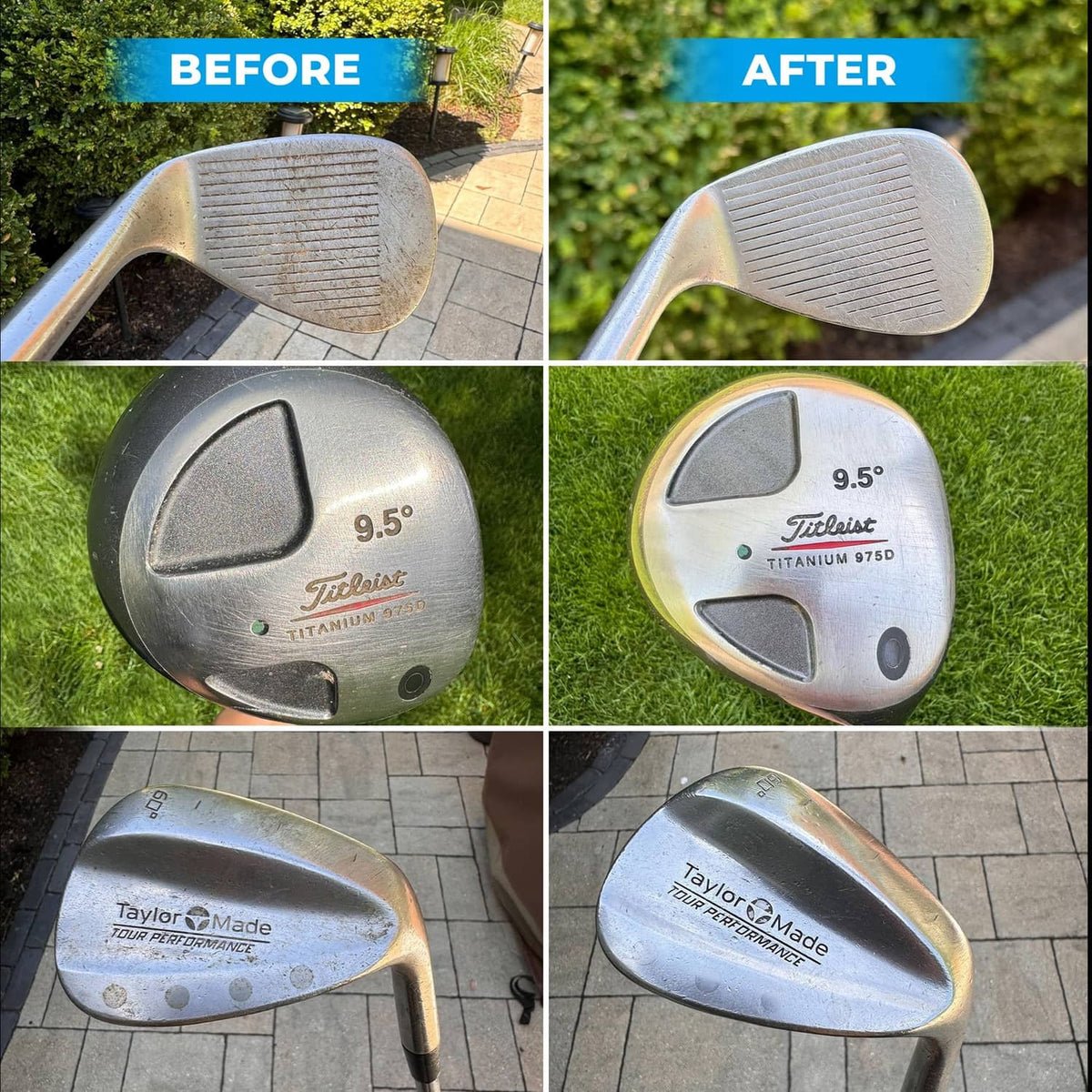Before-and-after golf club heads on grass, restored metal finish and grooves.