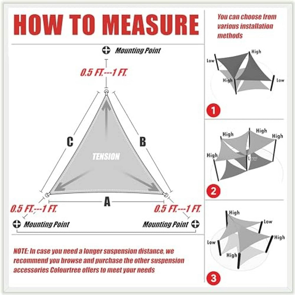 Shade sail triangle canopy measurement diagram with tension and mounting points