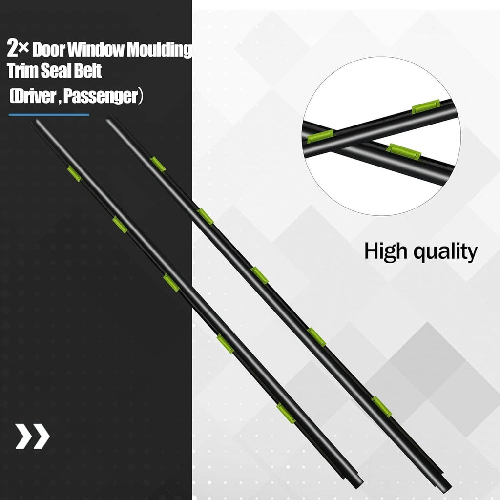 Two black door window moulding seal belts (driver and passenger) with green clips