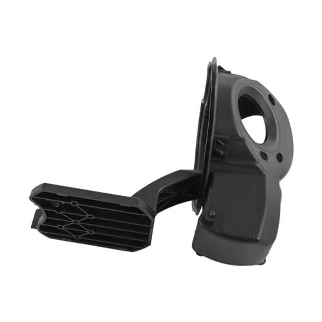 Black fuel filler door housing pocket assembly with circular opening and strap hinge