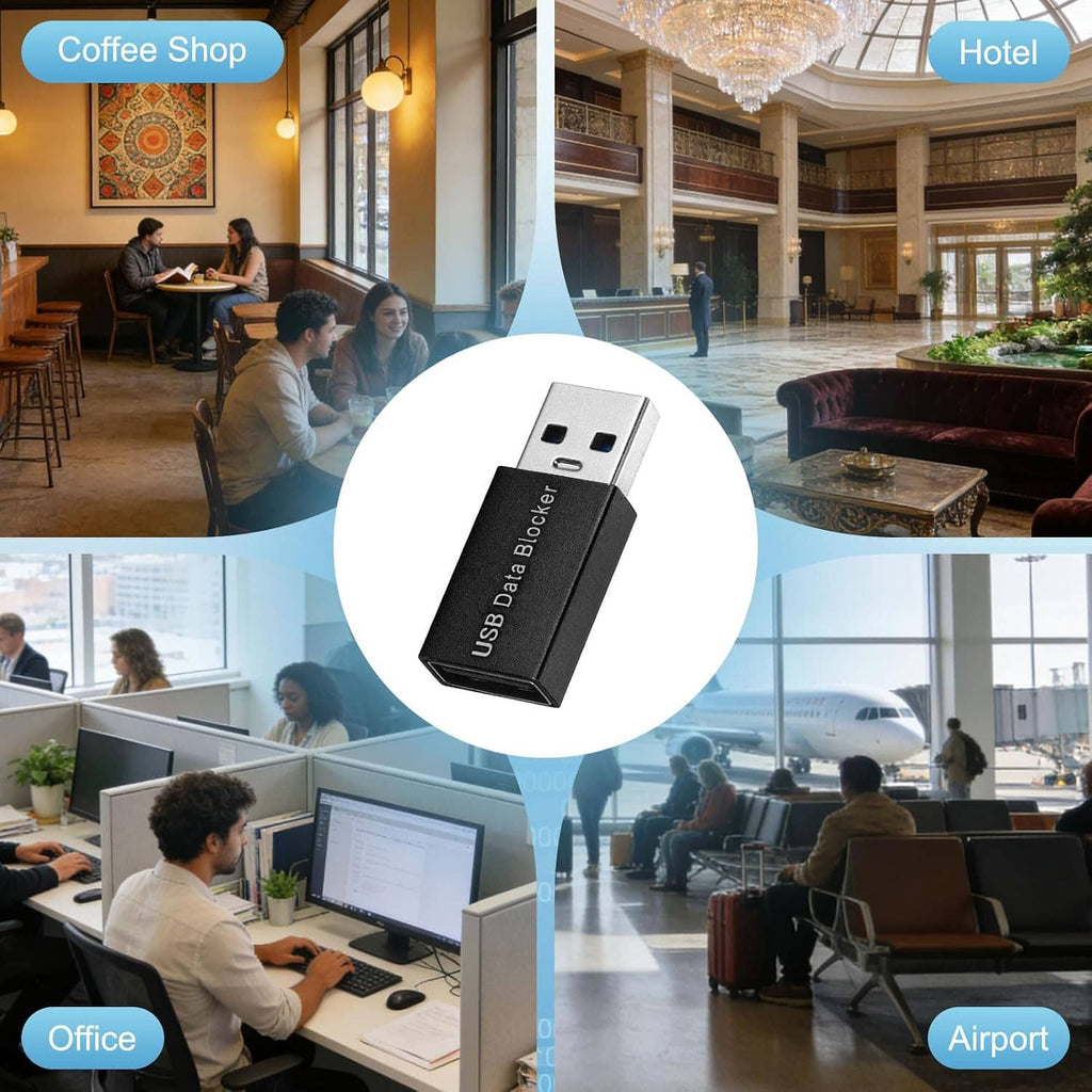 USB-A data blocker adapter in a circle, black housing with silver USB-A plug