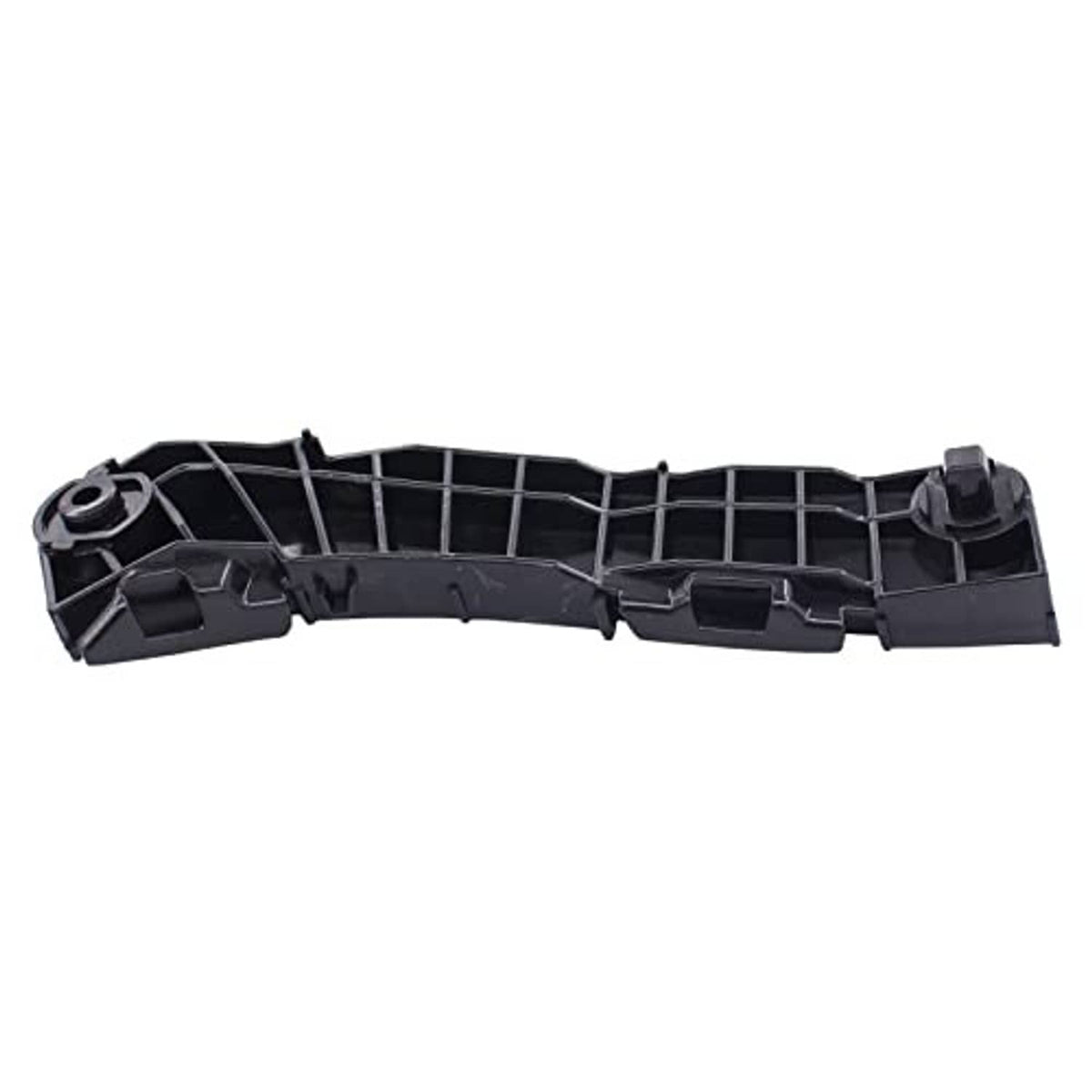 Black plastic bumper bracket retainer with grid structure and raised latch details