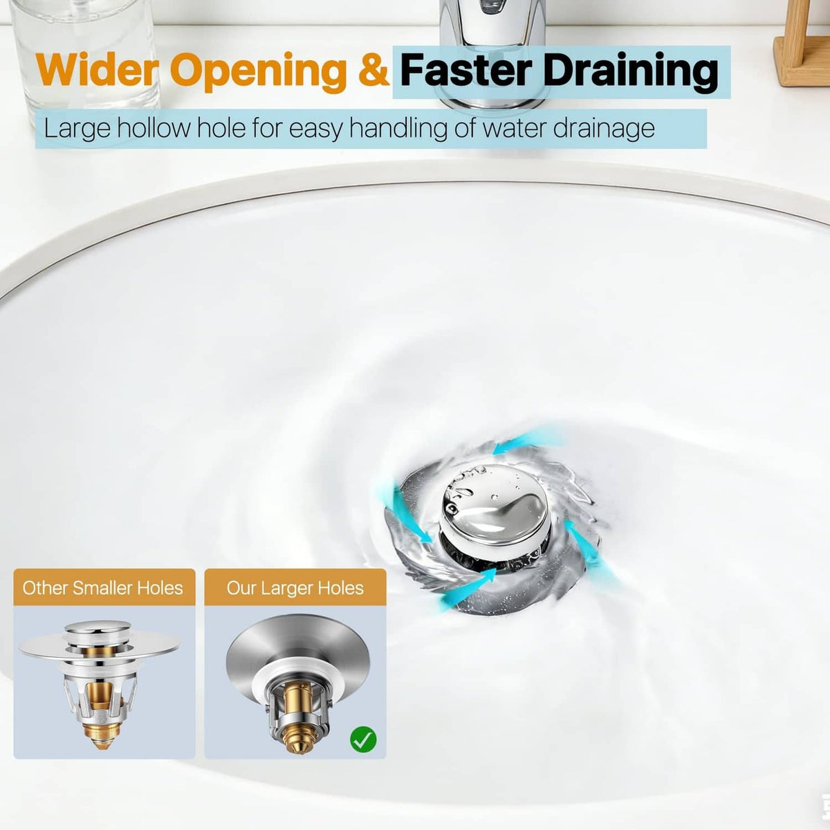 Bathroom sink pop-up drain hair catcher stopper in sink drain opening