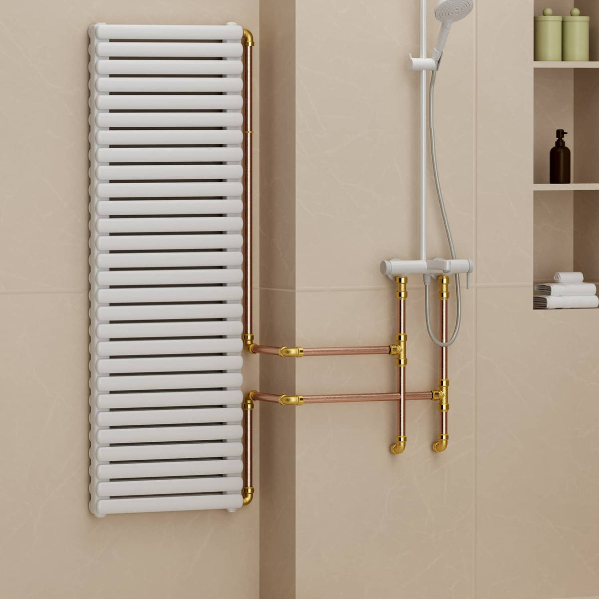 Brass push-fit straight-through pipe fittings installed between wall tubes