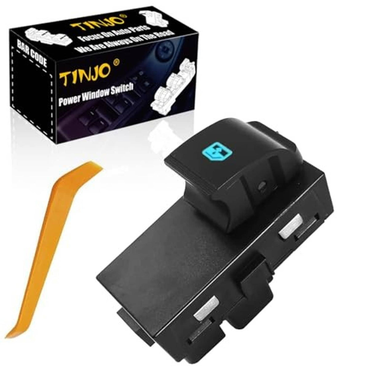 Power window switch control button, dark plastic with blue window icon, angled.