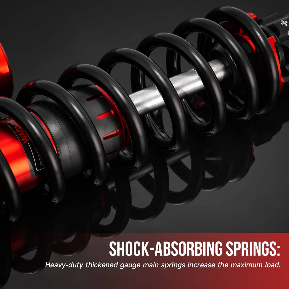 Close-up of air shock absorber springs with black coils and red adjustment rings