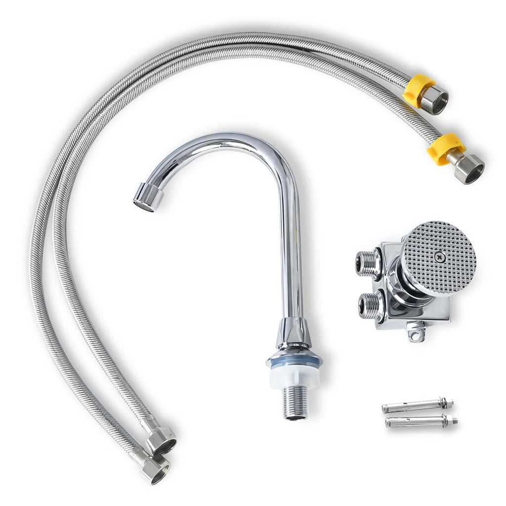Chrome faucet kit with braided supply hoses and grey textured foot pedal valve assembly