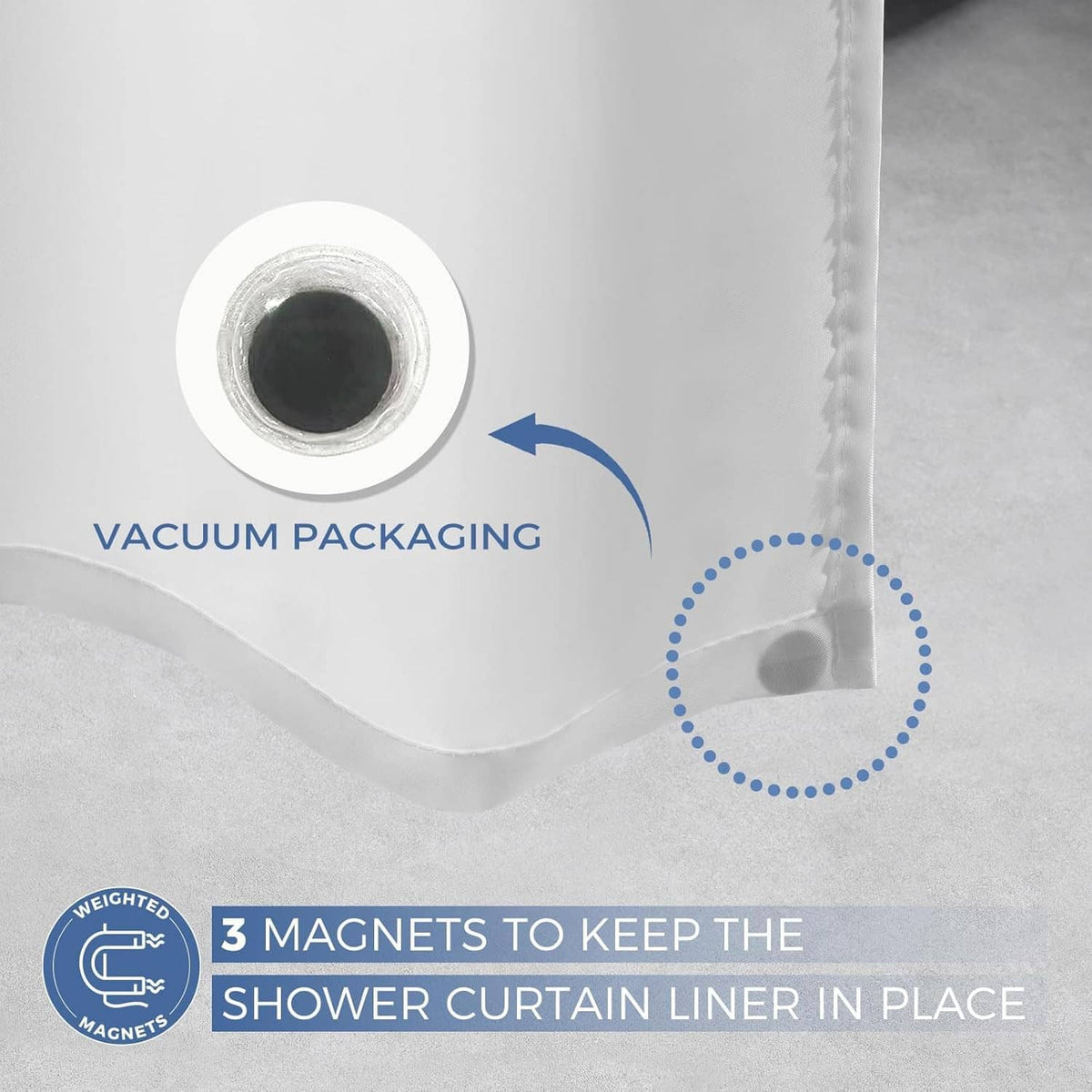 White waterproof shower curtain liner with sewn edge and magnet pocket detail