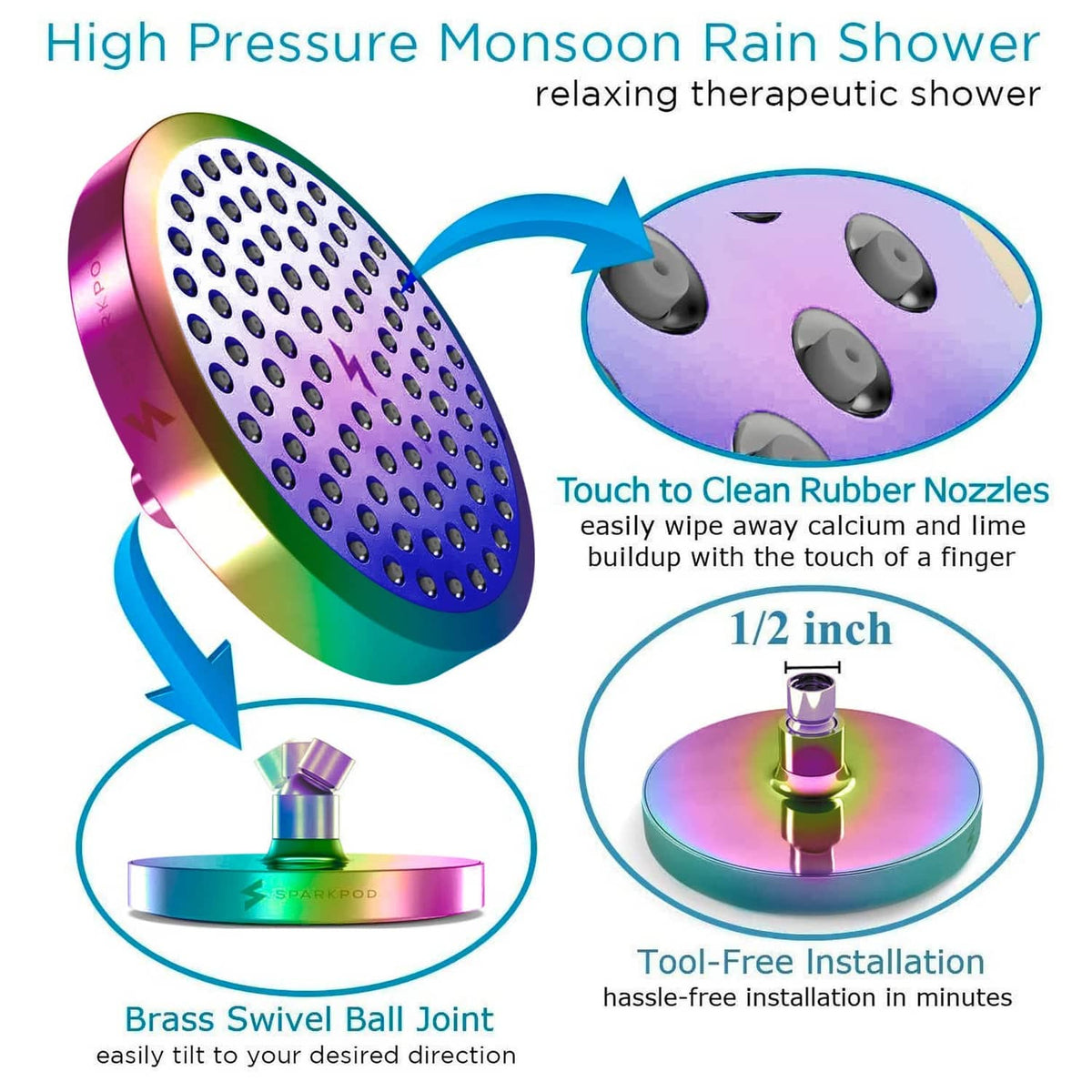 6-inch rain shower head with touch-clean rubber nozzles and round spray face