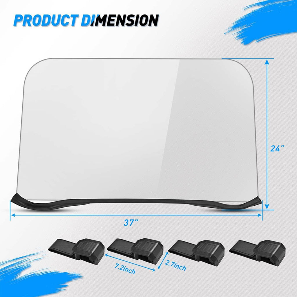 Windshield product dimension diagram with curved panel and small mounting clips