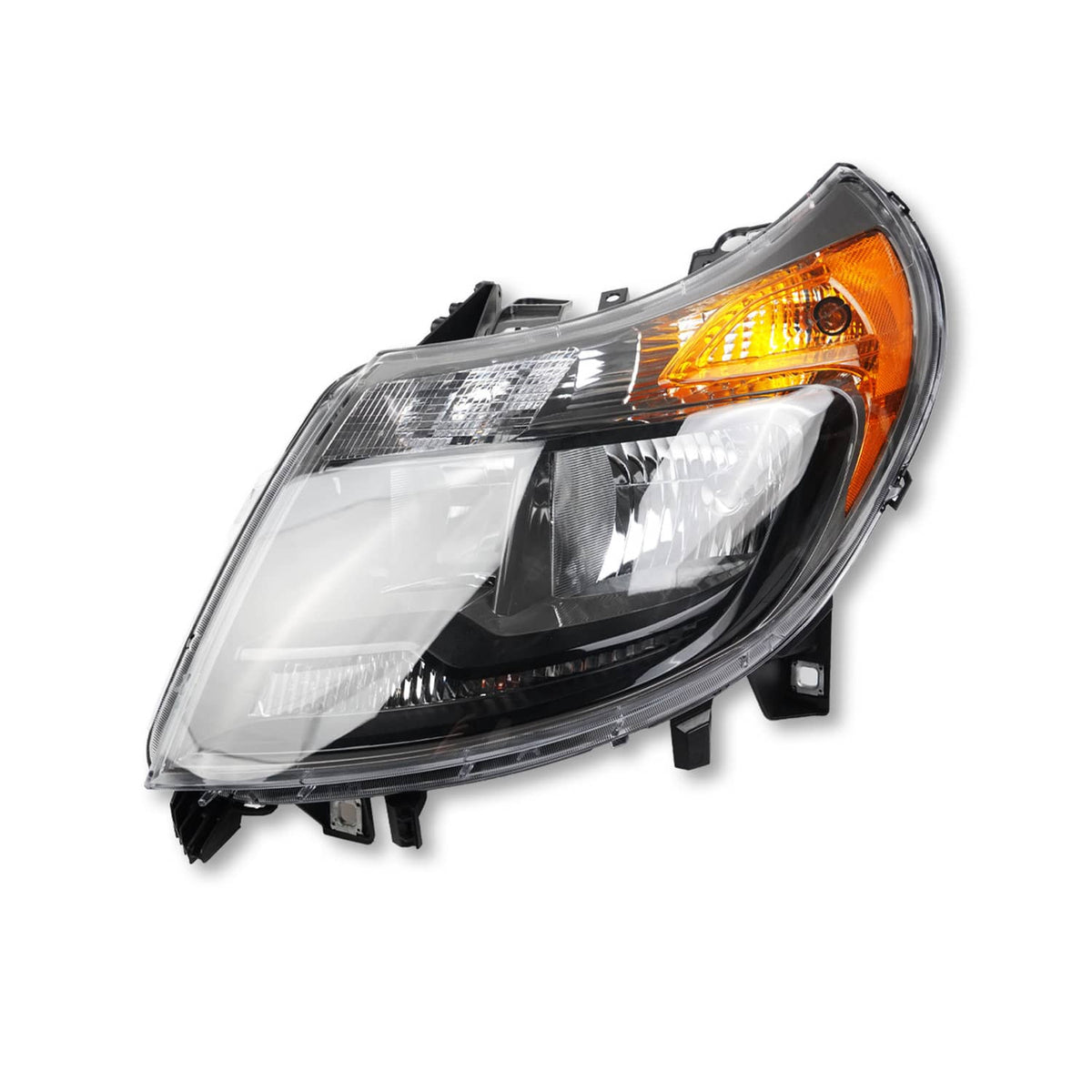 Driver-side black headlight with amber turn signal lens and clear multi-reflector lenses