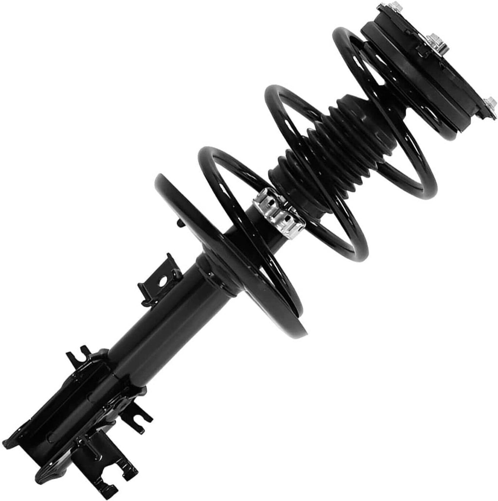 Black coil-spring strut shock absorber with silver spring clamp and side mounting bracket