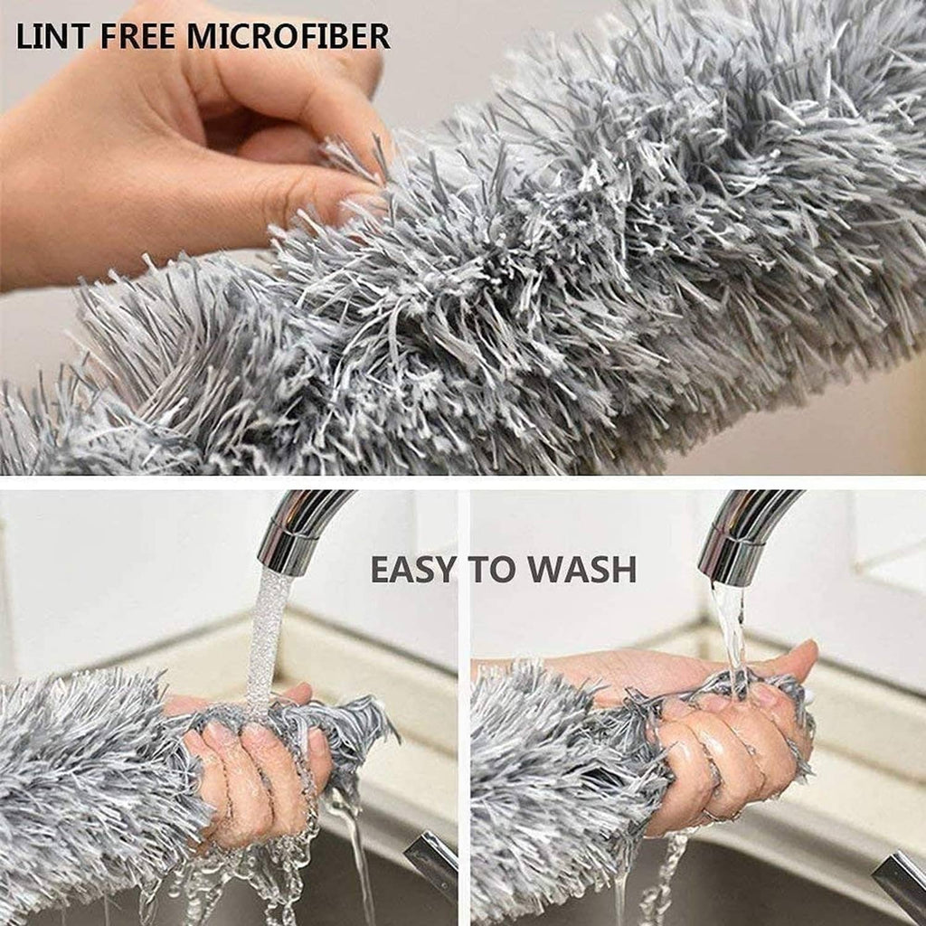 Gray microfiber feather duster head with dense fibers, rinsing with running water