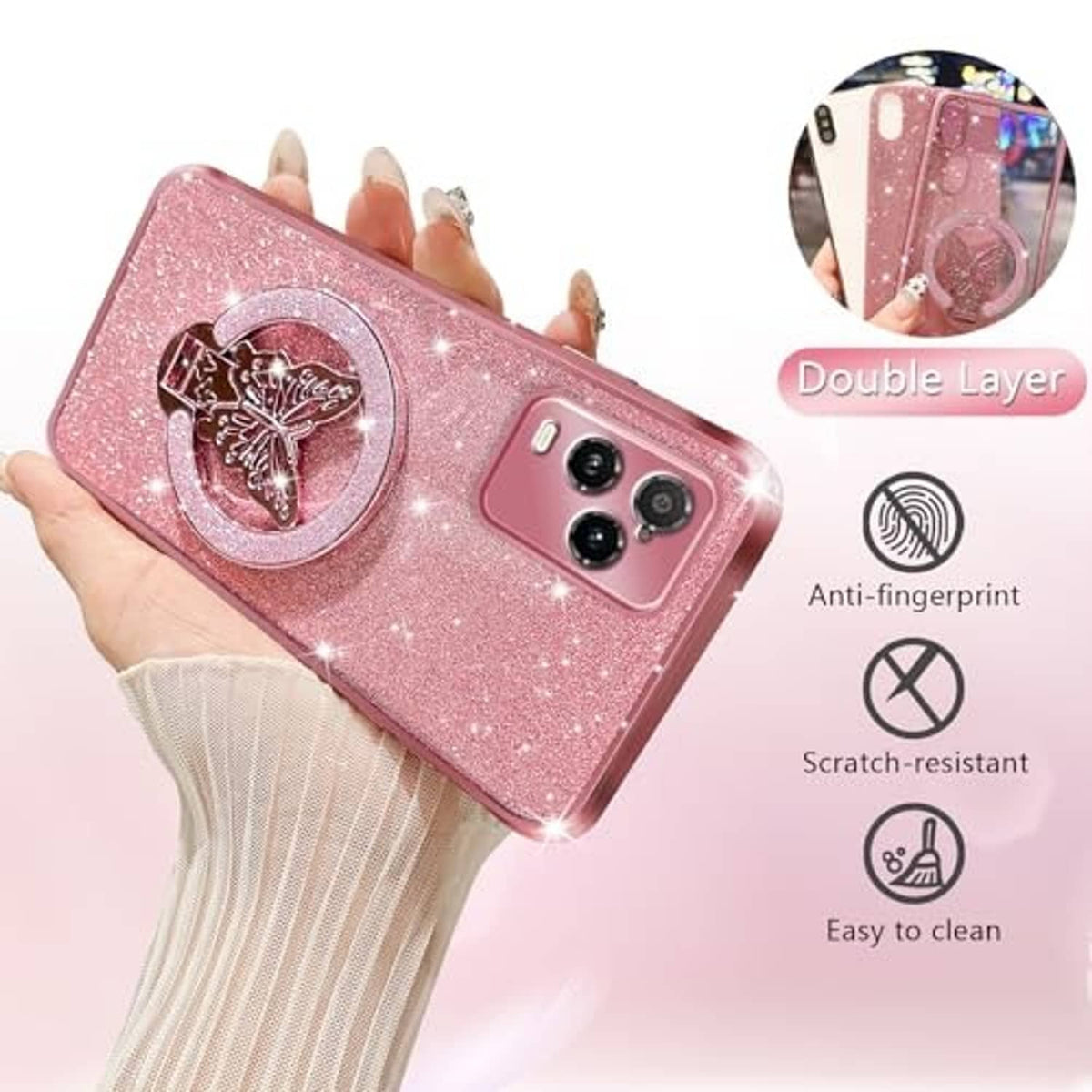 Rose gold glitter phone case with butterfly magnetic ring stand and triple camera cutouts