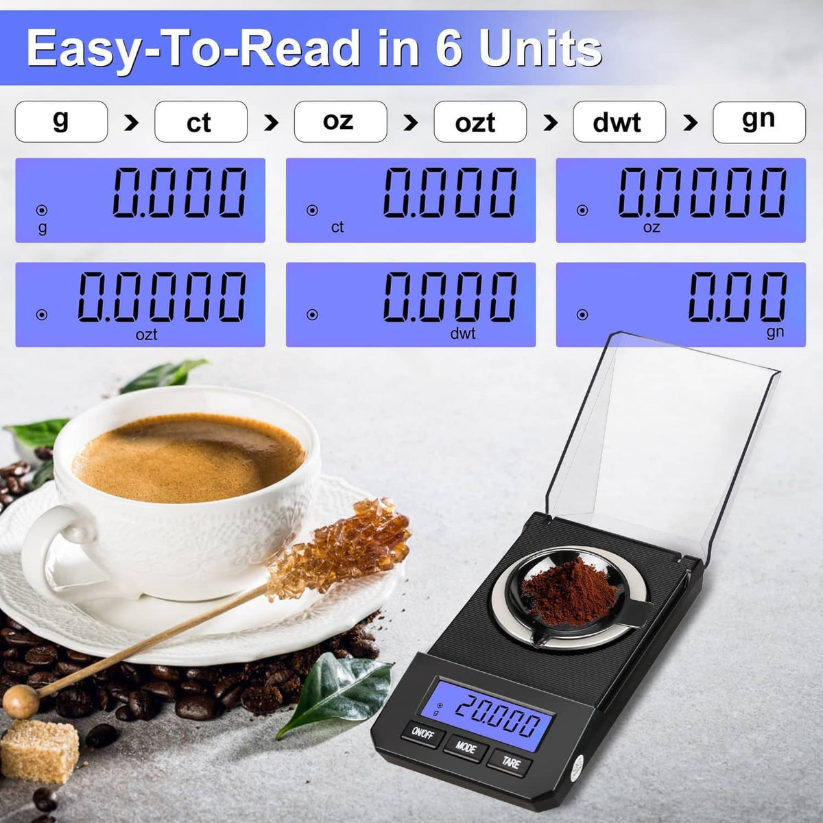 Black digital milligram scale with open lid, round pan, and blue display