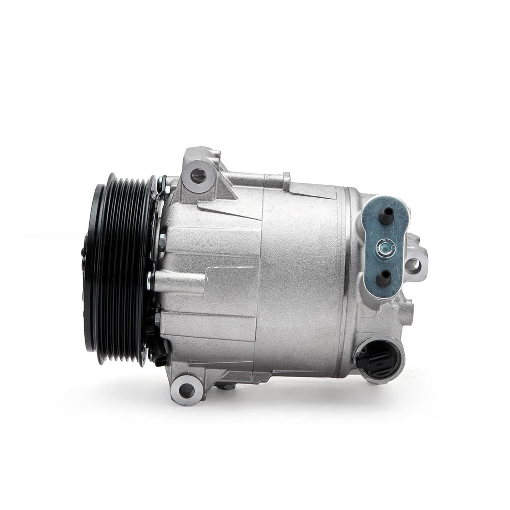 A/C compressor with clutch, silver housing and black serpentine pulley