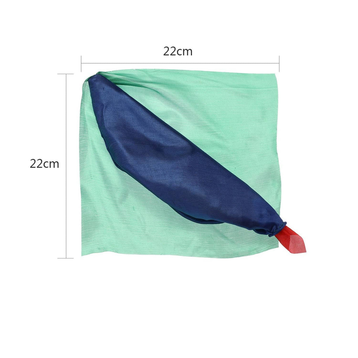Folded silk hanky scarf prop, mint green with dark blue panel and red tip, 22 cm