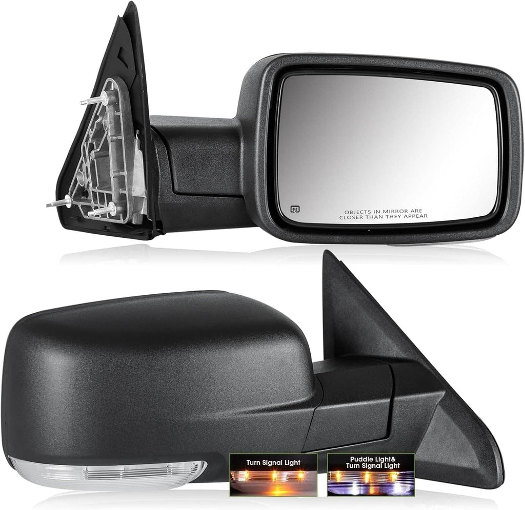 Pair of black side mirrors with clear glass and puddle-light inset.