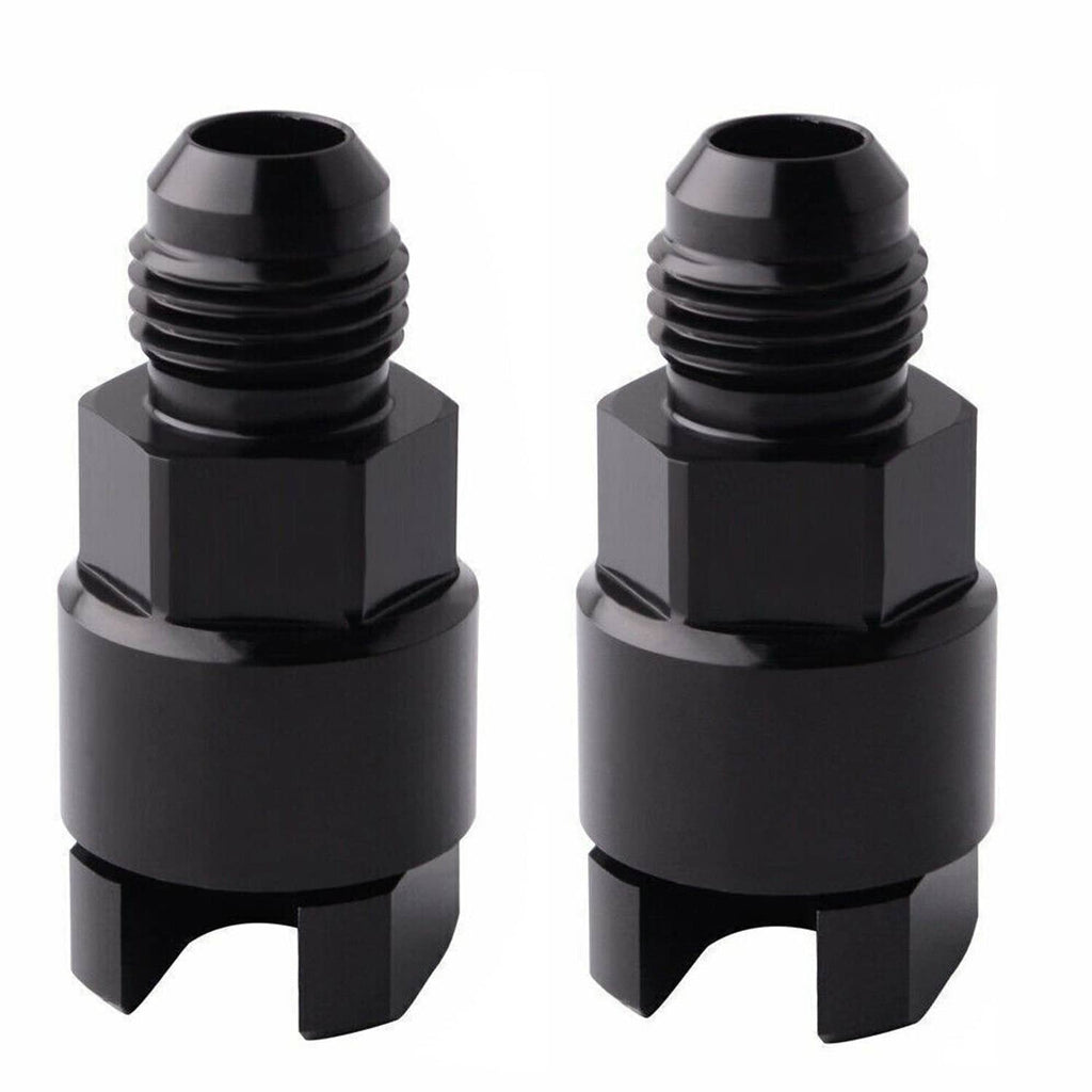 Black AN6 fuel adapter fitting with threaded ends and hex connection collar