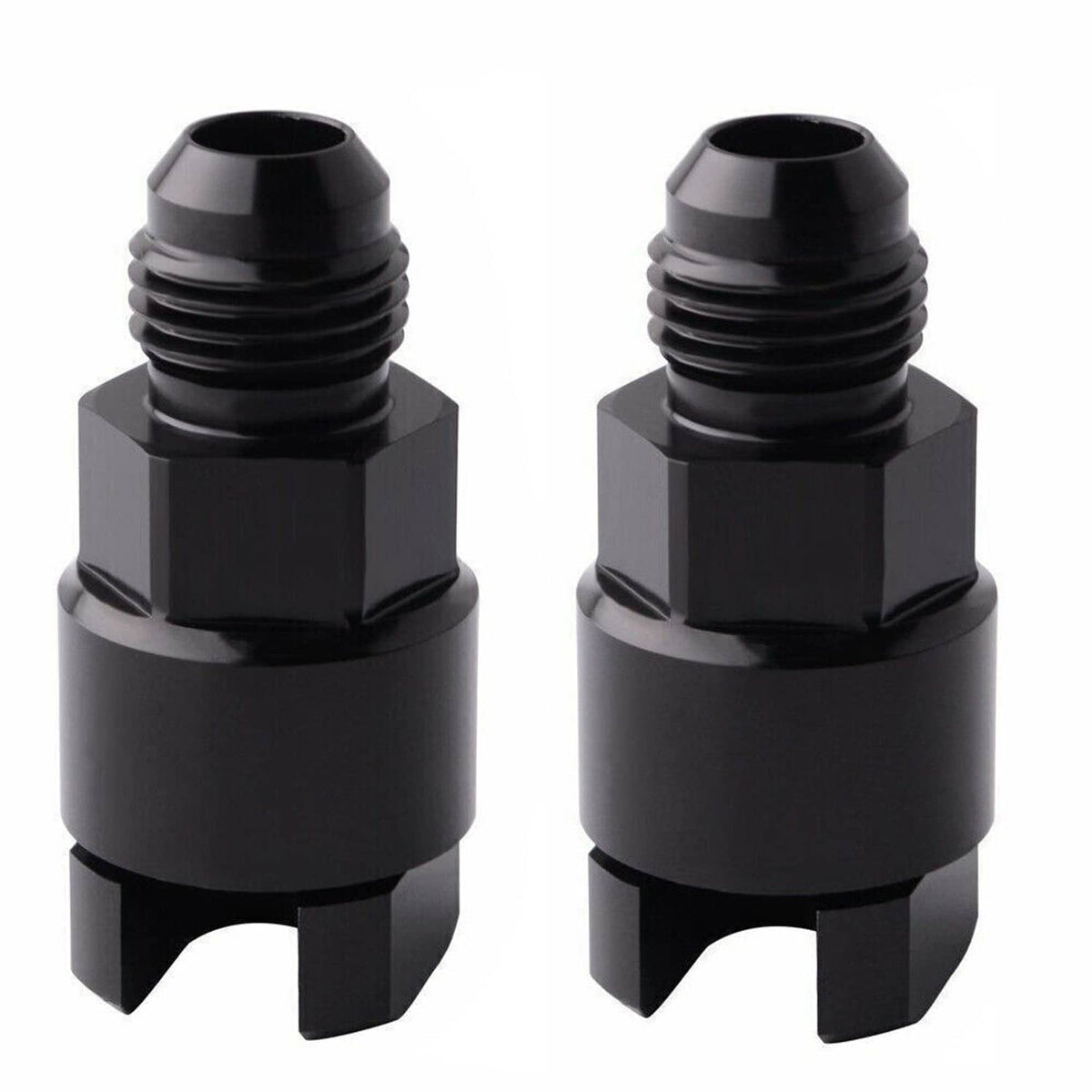Black AN6 fuel adapter fitting with threaded ends and hex connection collar
