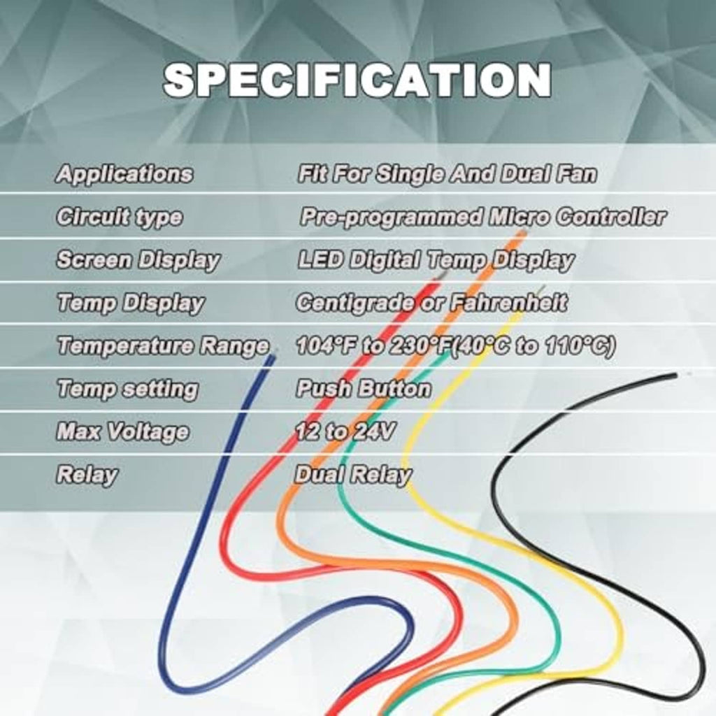 Digital thermatic fan switch specification panel with circuit diagram lines and wiring outlines