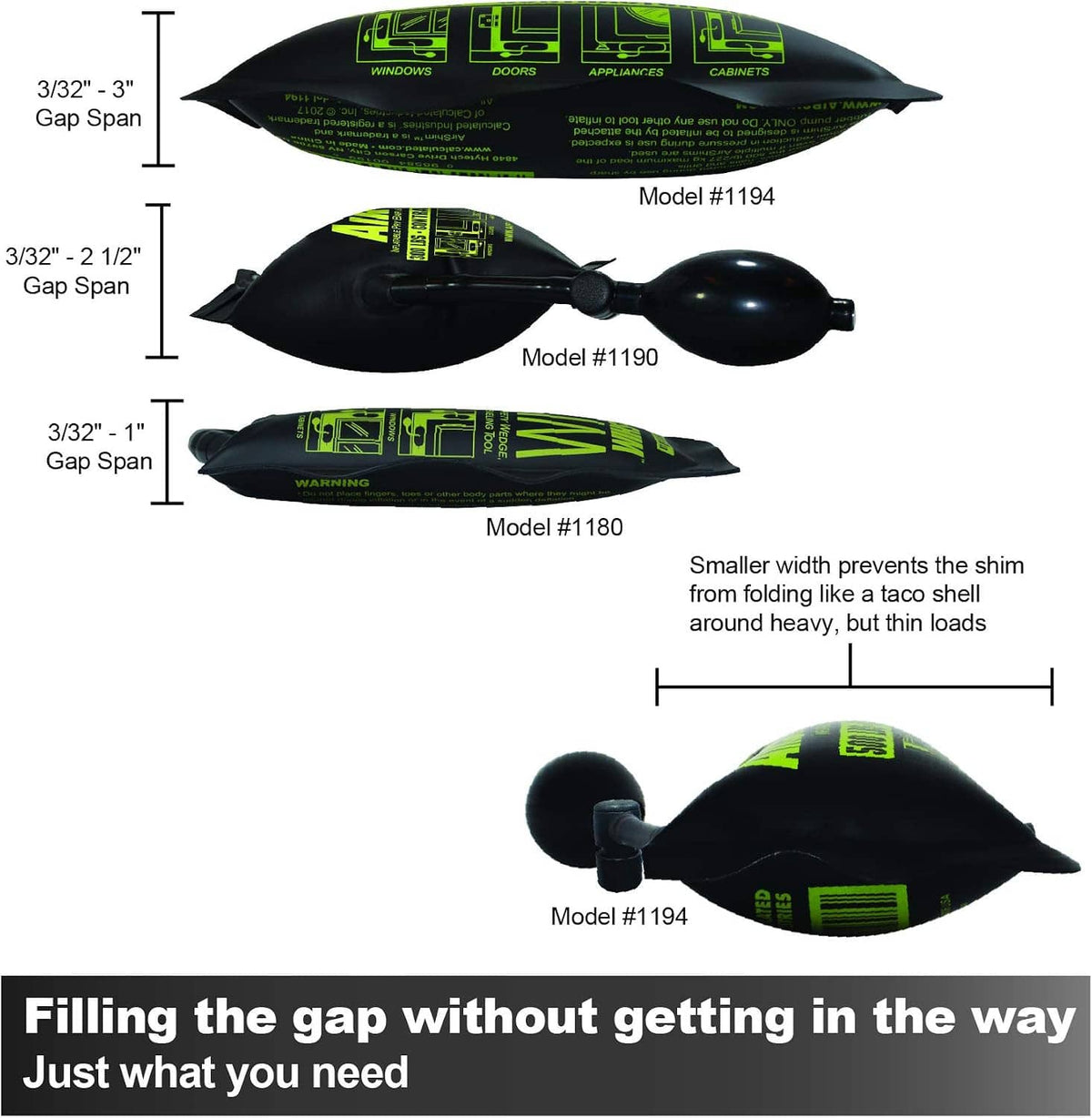 Inflatable pry bar and leveling shim models with gap span comparison diagram
