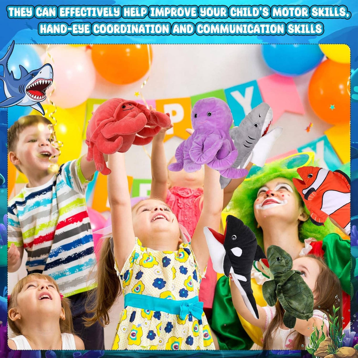 Children playing with animal hand puppets: crab, octopus, shark, clownfish, gray whale