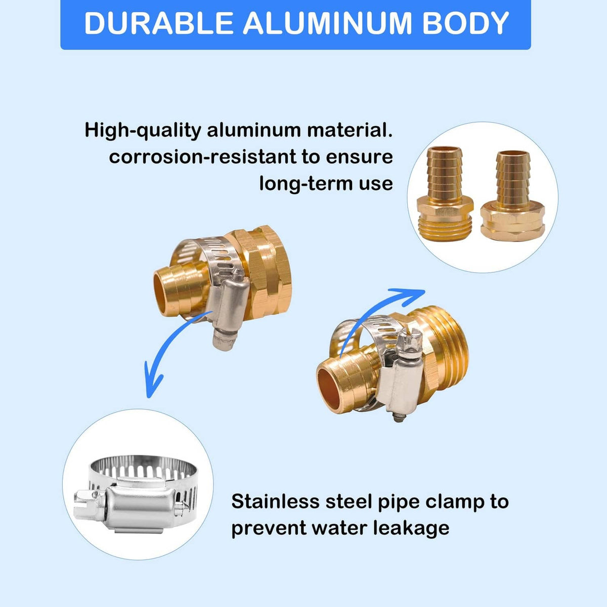 Gold aluminum hose repair connector with stainless steel pipe clamp detail, two shown