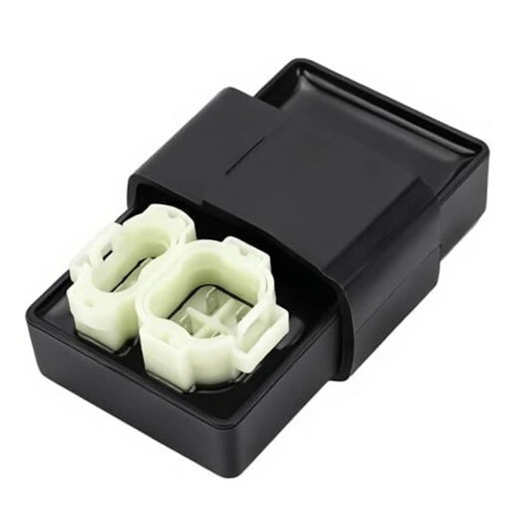 Black CDI control box with white 6-pin connector plug in black housing