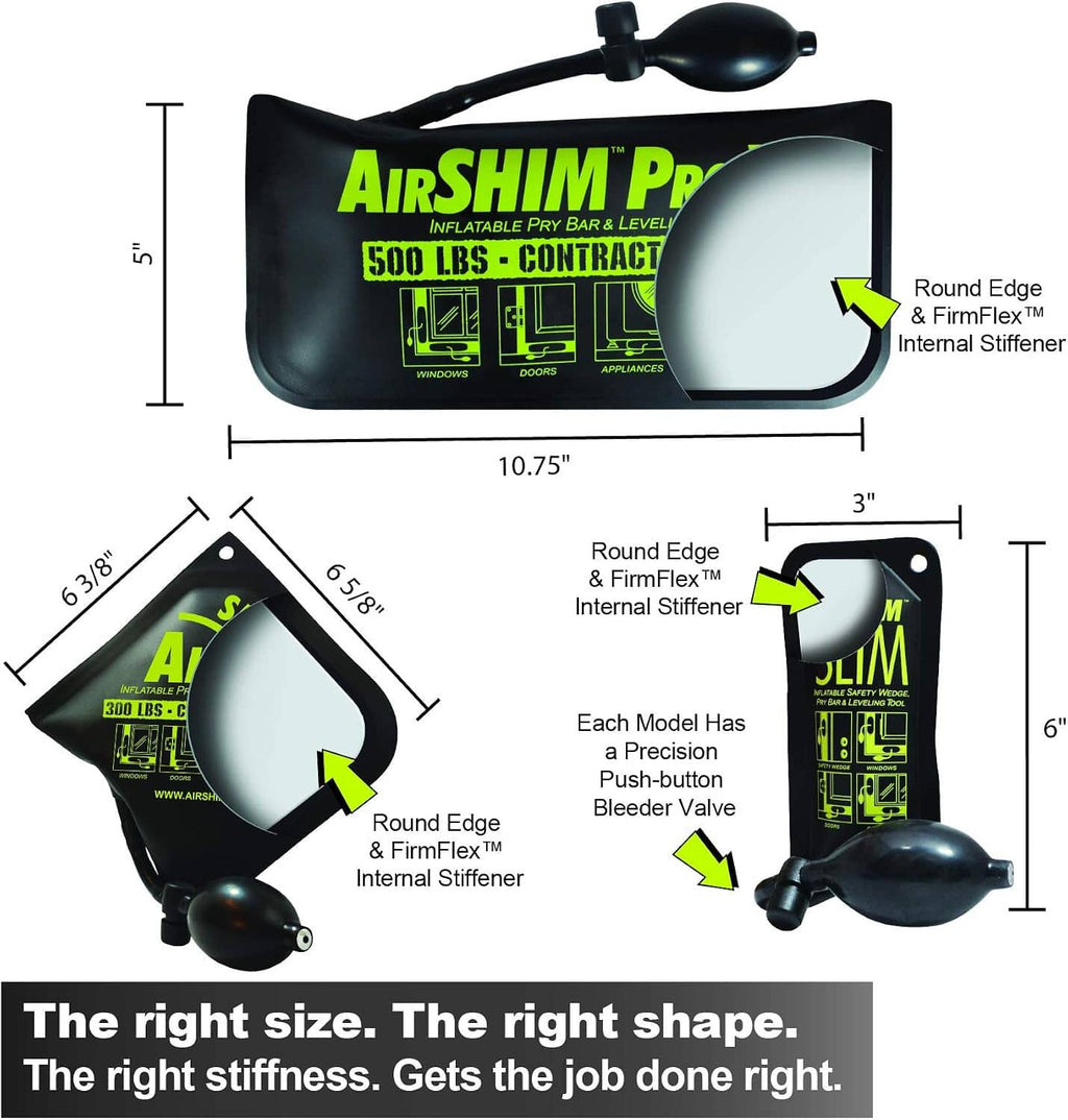 Inflatable leveling shims size chart with three models and pump bulb ends