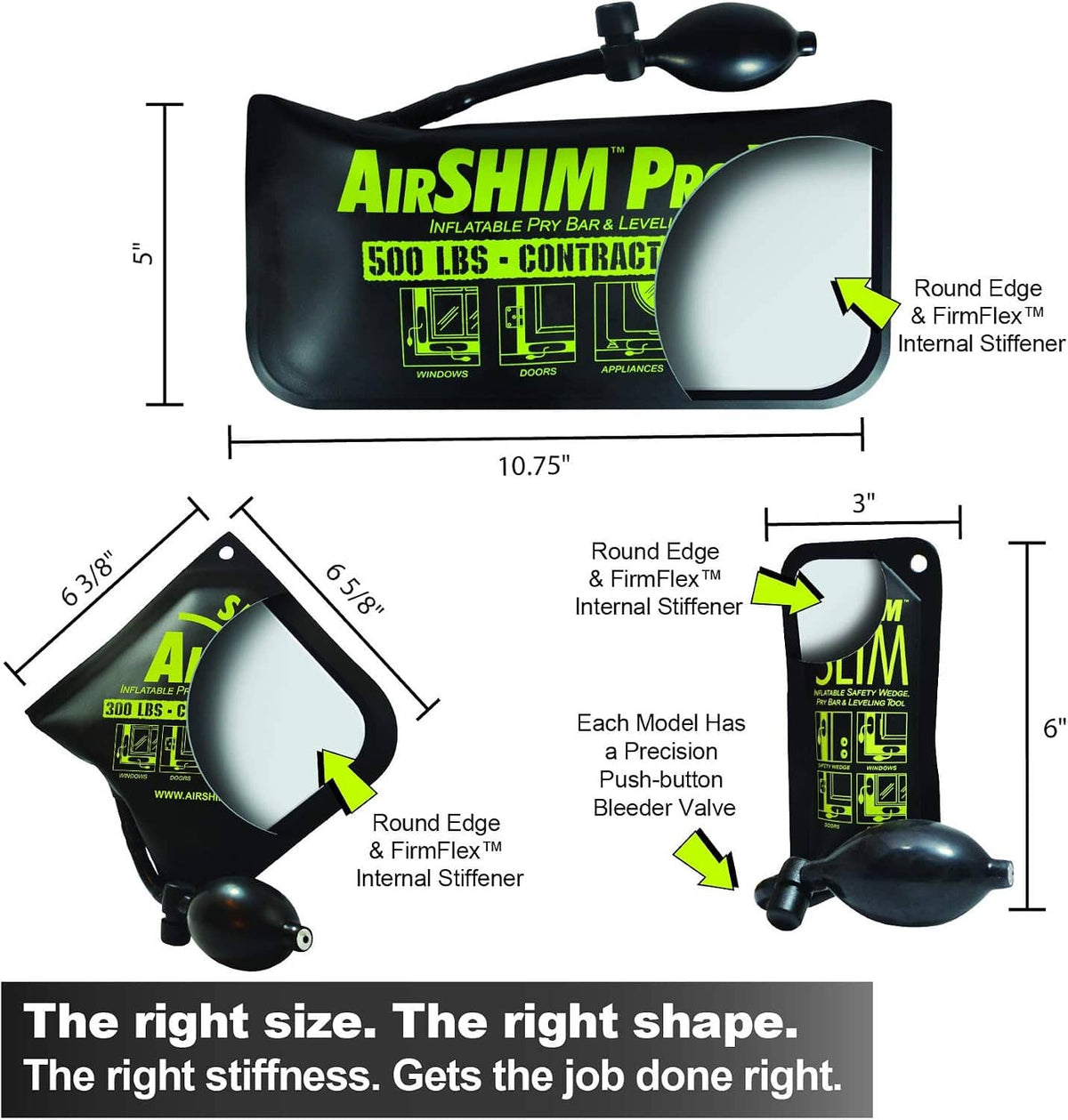 Inflatable leveling shims size chart with three models and pump bulb ends