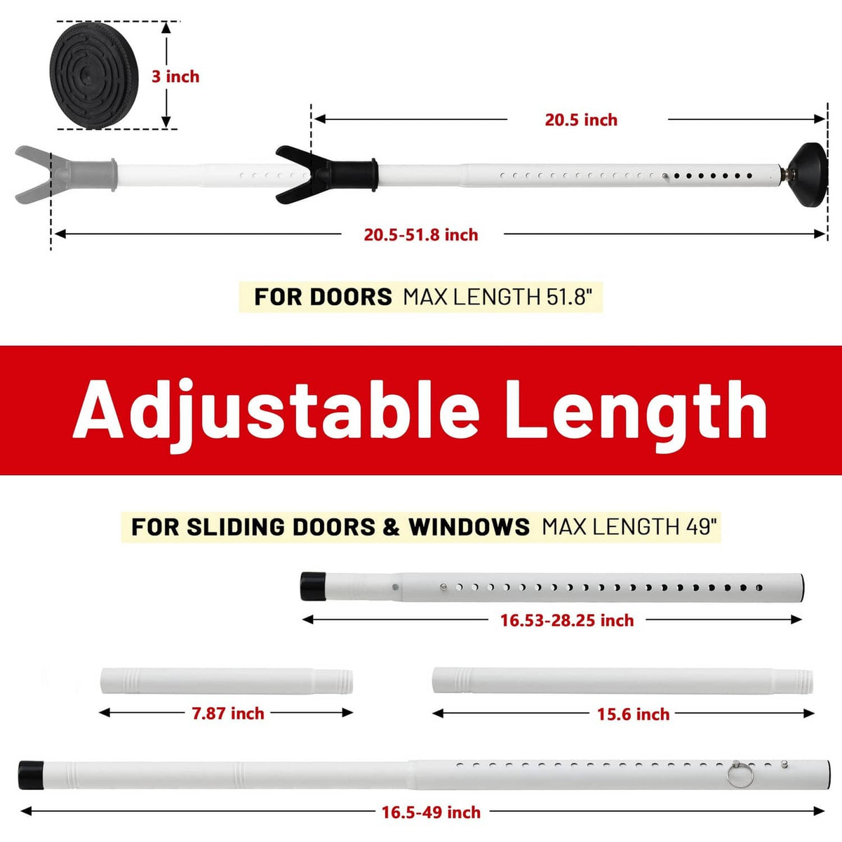 Adjustable length white door security bar with black end caps and measuring holes