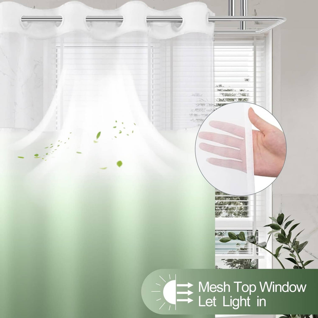 Ombre green shower curtain with mesh top panel and translucent window opening